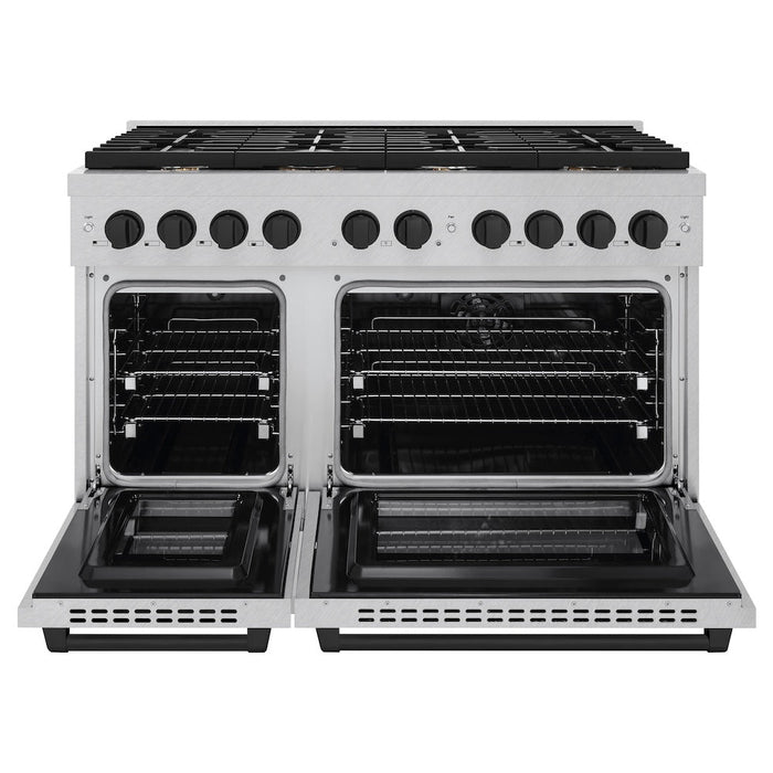ZLINE Autograph Edition 48 in. 6.7 cu. ft. Paramount Double Oven Dual Fuel Range with 8 Burner Gas Cooktop in Satin Stainless Steel and Matte Black Accents (SDRSZ-48-MB)