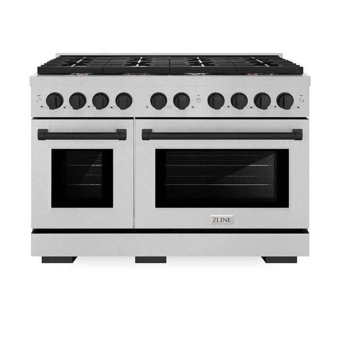 ZLINE Autograph Edition 48 in. 6.7 cu. ft. Paramount Double Oven Dual Fuel Range with 8 Burner Gas Cooktop in Satin Stainless Steel and Matte Black Accents (SDRSZ-48-MB)