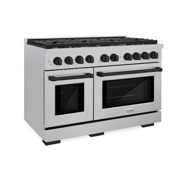 ZLINE Autograph Edition 48 in. 6.7 cu. ft. Paramount Double Oven Dual Fuel Range with 8 Burner Gas Cooktop in Satin Stainless Steel and Matte Black Accents (SDRSZ-48-MB)