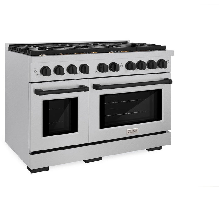 ZLINE Autograph Edition 48 in. 6.7 cu. ft. Paramount Double Oven Dual Fuel Range with 8 Burner Gas Cooktop in Satin Stainless Steel and Matte Black Accents (SDRSZ-48-MB)