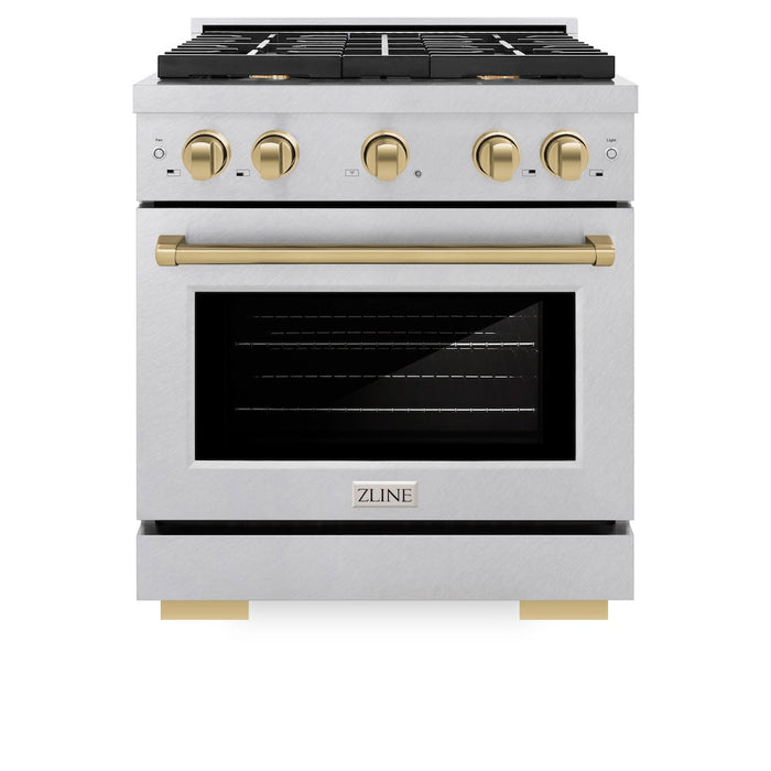 ZLINE Autograph Edition 30 in. 4.2 cu. ft. Paramount Gas Range with 4 Burner Cooktop and Convection Gas Oven in Satin Stainless Steel and Champagne Bronze Accents (SGRSZ-30-CB)