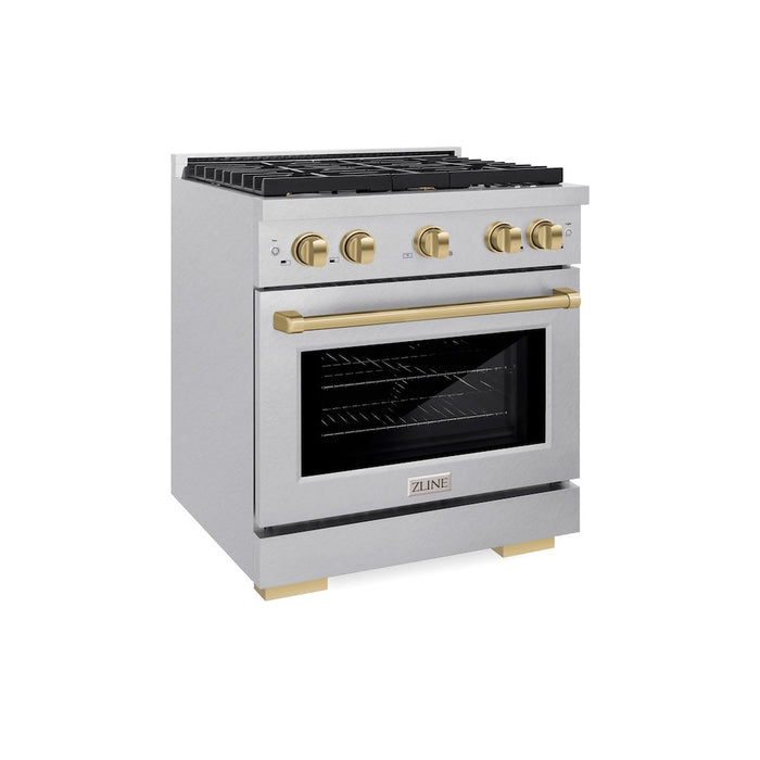 ZLINE Autograph Edition 30 in. 4.2 cu. ft. Paramount Gas Range with 4 Burner Cooktop and Convection Gas Oven in Satin Stainless Steel and Champagne Bronze Accents (SGRSZ-30-CB)