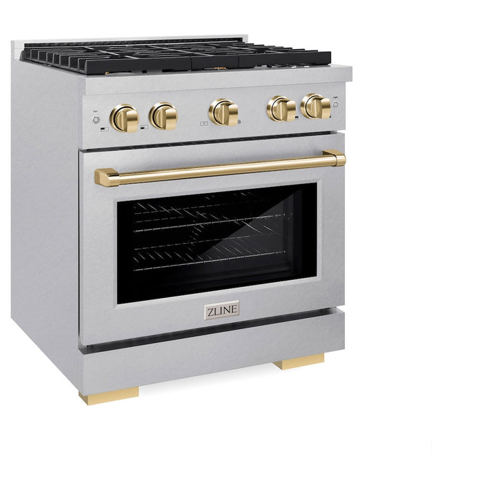 ZLINE Autograph Edition 30 in. 4.2 cu. ft. Paramount Gas Range with 4 Burner Cooktop and Convection Gas Oven in Satin Stainless Steel and Polished Gold Accents (SGRSZ-30-G)