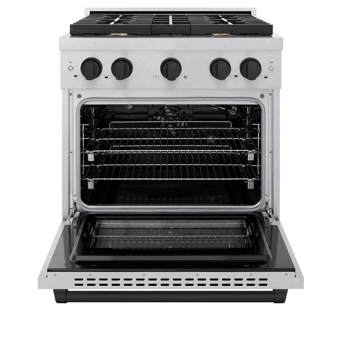 ZLINE Autograph Edition 30 in. 4.2 cu. ft. Paramount Gas Range with 4 Burner Cooktop and Convection Gas Oven in Satin Stainless Steel and Matte Black Accents (SGRSZ-30-MB)