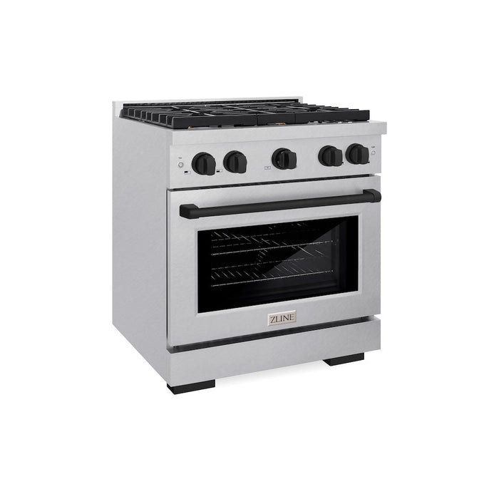 ZLINE Autograph Edition 30 in. 4.2 cu. ft. Paramount Gas Range with 4 Burner Cooktop and Convection Gas Oven in Satin Stainless Steel and Matte Black Accents (SGRSZ-30-MB)