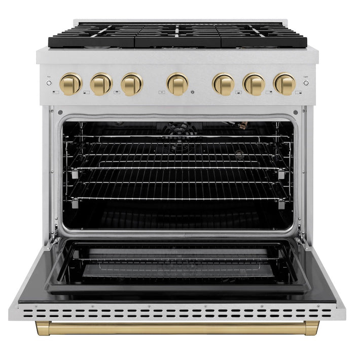 ZLINE Autograph Edition 36 in. 5.2 cu. ft. Paramount Gas Range with 6 Burner Cooktop and Convection Gas Oven in Satin Stainless Steel and Champagne Bronze Accents (SGRSZ-36-CB)