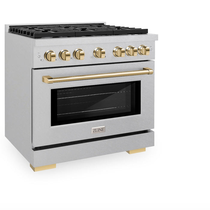 ZLINE Autograph Edition 36 in. 5.2 cu. ft. Paramount Gas Range with 6 Burner Cooktop and Convection Gas Oven in Satin Stainless Steel and Polished Gold Accents (SGRSZ-36-G)