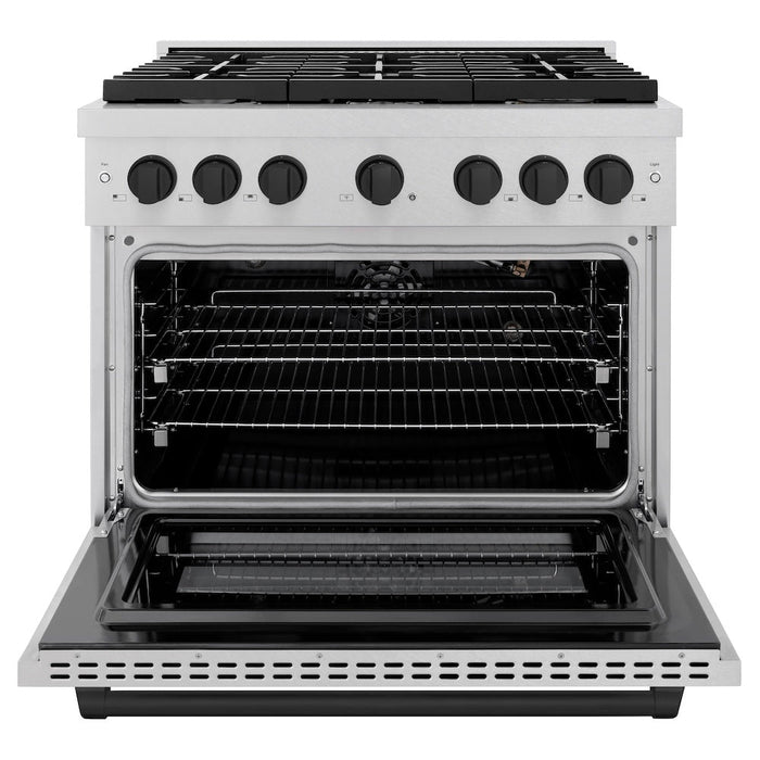 ZLINE Autograph Edition 36 in. 5.2 cu. ft. Paramount Gas Range with 6 Burner Cooktop and Convection Gas Oven in Satin Stainless Steel and Matte Black Accents (SGRSZ-36-MB)