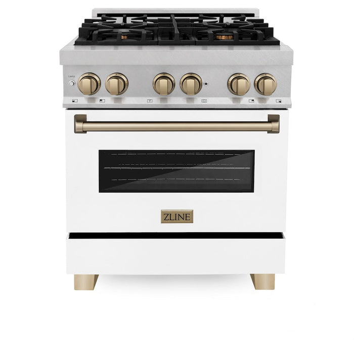 ZLINE Autograph Edition 30 in. 4.0 cu. ft. Legacy Dual Fuel Range with 4 Burner Gas Cooktop and Electric Convection Oven in Satin Stainless Steel with White Matte Door and Champagne Bronze Accents (RASZ-WM-30-CB)