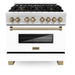 ZLINE Autograph Edition 36 in. 4.6 cu. ft. Legacy Dual Fuel Range with 6 Burner Gas Cooktop and Electric Convection Oven in Satin Stainless Steel with White Matte Door and Champagne Bronze Accents (RASZ-WM-36-CB)