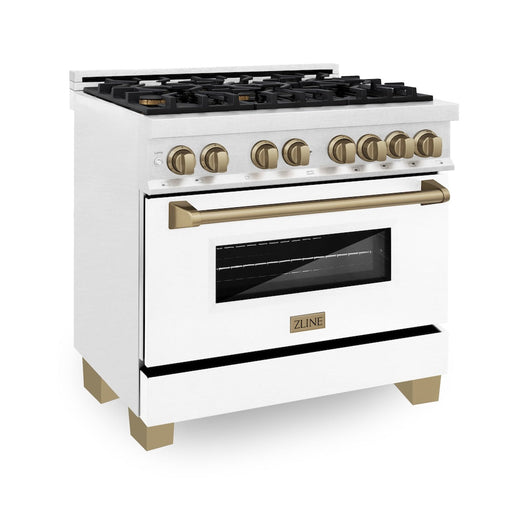 ZLINE Autograph Edition 36 in. 4.6 cu. ft. Legacy Dual Fuel Range with 6 Burner Gas Cooktop and Electric Convection Oven in Satin Stainless Steel with White Matte Door and Champagne Bronze Accents (RASZ-WM-36-CB)