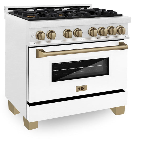 ZLINE Autograph Edition 36 in. 4.6 cu. ft. Legacy Dual Fuel Range with 6 Burner Gas Cooktop and Electric Convection Oven in Satin Stainless Steel with White Matte Door and Champagne Bronze Accents (RASZ-WM-36-CB)