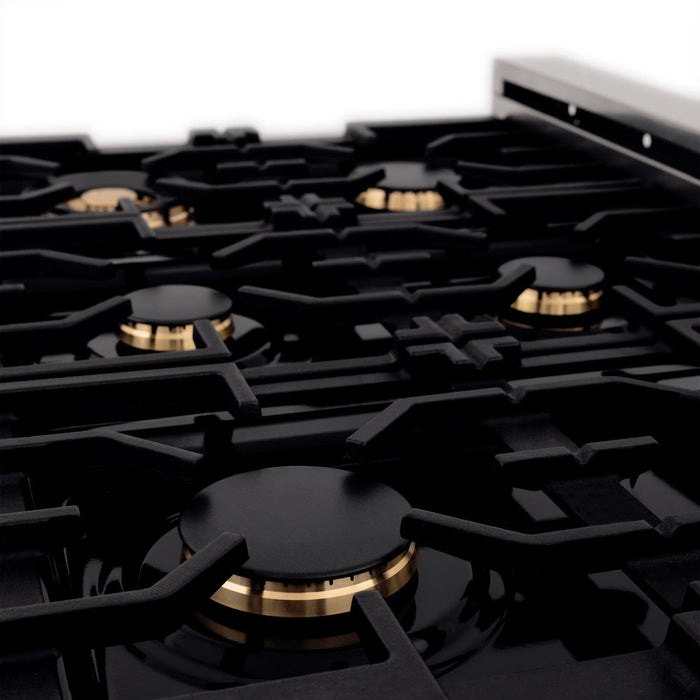 ZLINE Autograph Edition 36 in. 4.6 cu. ft. Legacy Dual Fuel Range with 6 Burner Gas Cooktop and Electric Convection Oven in Satin Stainless Steel with White Matte Door and Polished Gold Accents (RASZ-WM-36-G)