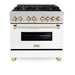 ZLINE Autograph Edition 36 in. 4.6 cu. ft. Legacy Dual Fuel Range with 6 Burner Gas Cooktop and Electric Convection Oven in Satin Stainless Steel with White Matte Door and Polished Gold Accents (RASZ-WM-36-G)