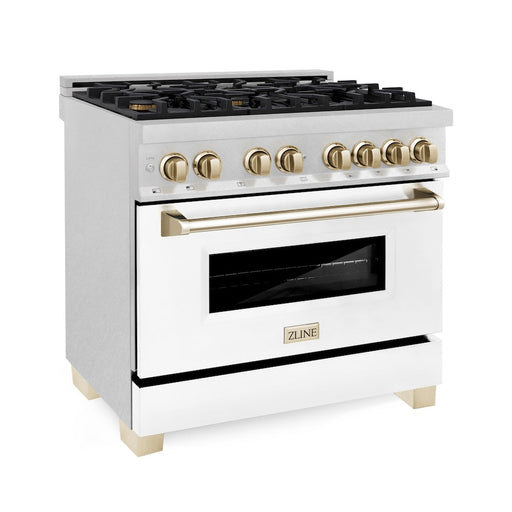 ZLINE Autograph Edition 36 in. 4.6 cu. ft. Legacy Dual Fuel Range with 6 Burner Gas Cooktop and Electric Convection Oven in Satin Stainless Steel with White Matte Door and Polished Gold Accents (RASZ-WM-36-G)