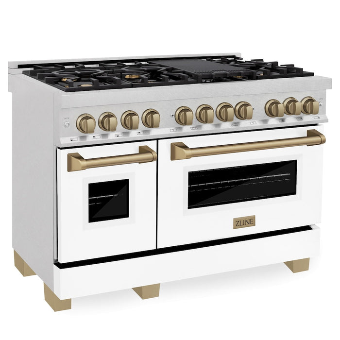 ZLINE Autograph Edition 48 in. 6.0 cu. ft. Legacy Dual Fuel Range with 7 Burner Gas Cooktop and 2 Electric Ovens in Satin Stainless Steel with White Matte Doors and Champagne Bronze Accents (RASZ-WM-48-CB)
