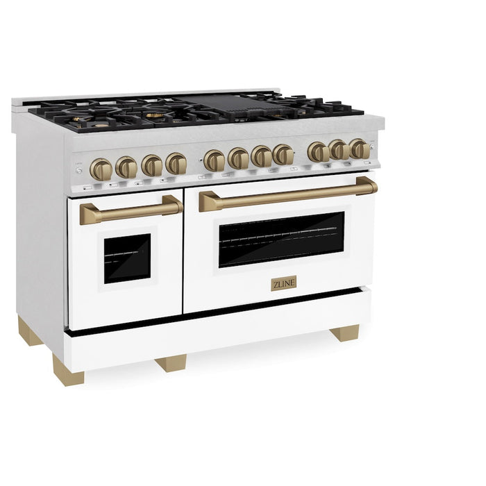 ZLINE Autograph Edition 48 in. 6.0 cu. ft. Legacy Dual Fuel Range with 7 Burner Gas Cooktop and 2 Electric Ovens in Satin Stainless Steel with White Matte Doors and Champagne Bronze Accents (RASZ-WM-48-CB)