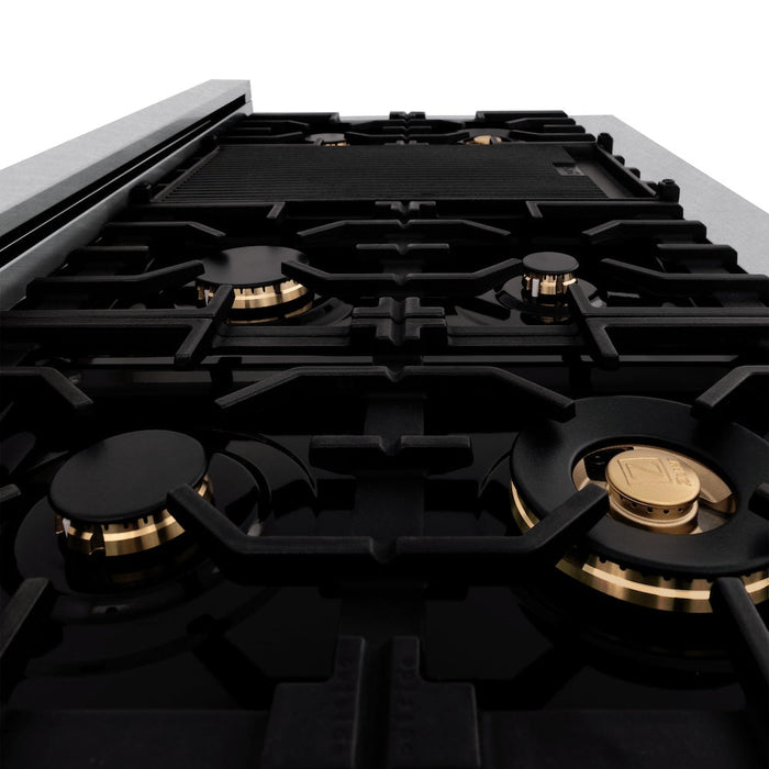 ZLINE Autograph Edition 48 in. 6.0 cu. ft. Legacy Dual Fuel Range with 7 Burner Gas Cooktop and 2 Electric Ovens in Satin Stainless Steel with White Matte Doors and Polished Gold Accents (RASZ-WM-48-G)