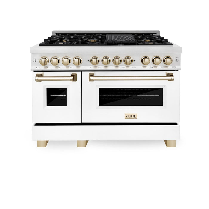 ZLINE Autograph Edition 48 in. 6.0 cu. ft. Legacy Dual Fuel Range with 7 Burner Gas Cooktop and 2 Electric Ovens in Satin Stainless Steel with White Matte Doors and Polished Gold Accents (RASZ-WM-48-G)
