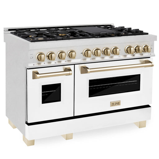 ZLINE Autograph Edition 48 in. 6.0 cu. ft. Legacy Dual Fuel Range with 7 Burner Gas Cooktop and 2 Electric Ovens in Satin Stainless Steel with White Matte Doors and Polished Gold Accents (RASZ-WM-48-G)