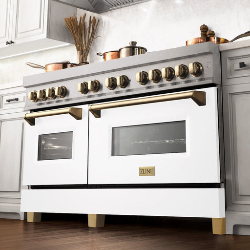 ZLINE Autograph Edition 60 in. 7.4 cu. ft. Legacy Dual Fuel Range with 9 Burner Gas Cooktop and 2 Electric Convection Ovens in Satin Stainless Steel with White Matte Doors and Polished Gold Accents (RASZ-WM-60-G)