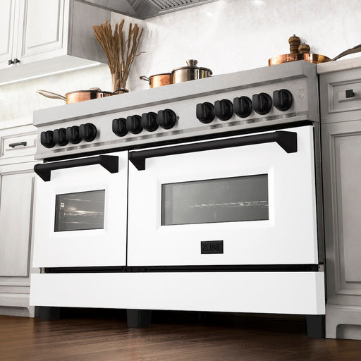 ZLINE Autograph Edition 60 in. 7.4 cu. ft. Legacy Dual Fuel Range with 9 Burner Gas Cooktop and 2 Electric Convection Ovens in Satin Stainless Steel with White Matte Doors and Matte Black Accents (RASZ-WM-60-MB)