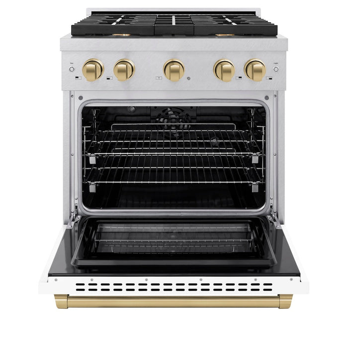 ZLINE Autograph Edition 30 in. 4.2 cu. ft. Paramount Dual Fuel Range with 4 Burner Gas Cooktop and Electric Convection Oven in Satin Stainless Steel with White Matte Door and Champagne Bronze Accents (SDRSZ-WM-30-CB)