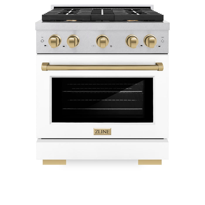 ZLINE Autograph Edition 30 in. 4.2 cu. ft. Paramount Dual Fuel Range with 4 Burner Gas Cooktop and Electric Convection Oven in Satin Stainless Steel with White Matte Door and Champagne Bronze Accents (SDRSZ-WM-30-CB)
