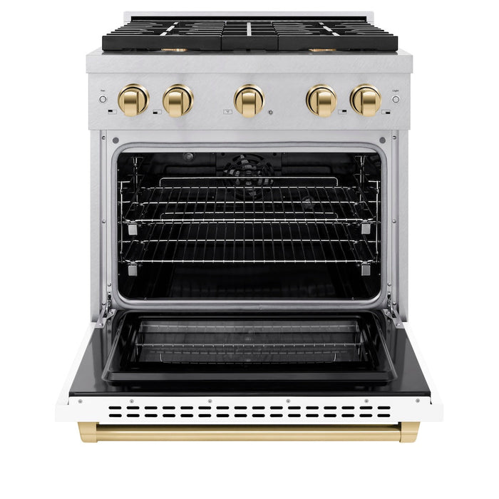 ZLINE Autograph Edition 30 in. 4.2 cu. ft. Paramount Dual Fuel Range with 4 Burner Gas Cooktop and Electric Convection Oven in Satin Stainless Steel with White Matte Door and Polished Gold Accents (SDRSZ-WM-30-G)