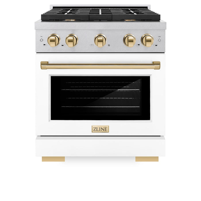 ZLINE Autograph Edition 30 in. 4.2 cu. ft. Paramount Dual Fuel Range with 4 Burner Gas Cooktop and Electric Convection Oven in Satin Stainless Steel with White Matte Door and Polished Gold Accents (SDRSZ-WM-30-G)