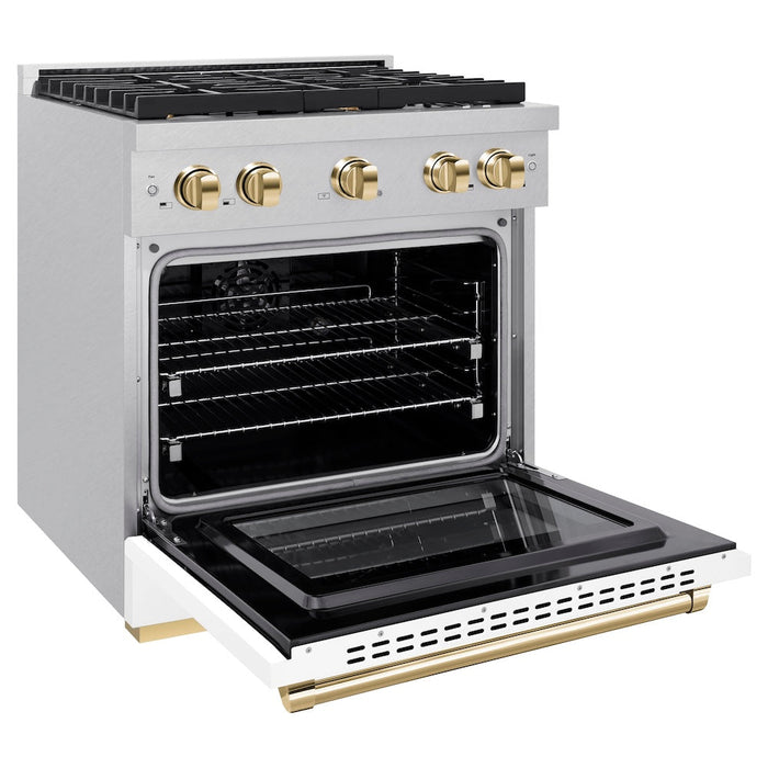ZLINE Autograph Edition 30 in. 4.2 cu. ft. Paramount Dual Fuel Range with 4 Burner Gas Cooktop and Electric Convection Oven in Satin Stainless Steel with White Matte Door and Polished Gold Accents (SDRSZ-WM-30-G)