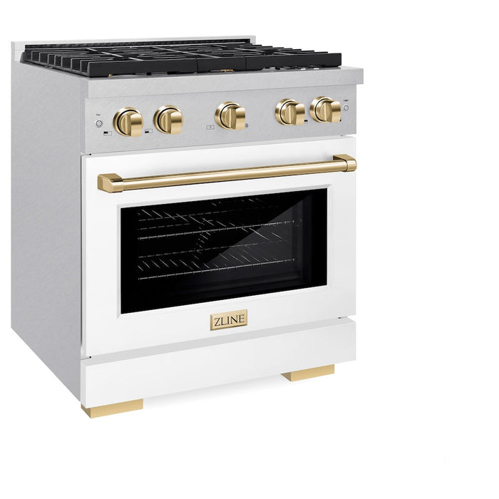 ZLINE Autograph Edition 30 in. 4.2 cu. ft. Paramount Dual Fuel Range with 4 Burner Gas Cooktop and Electric Convection Oven in Satin Stainless Steel with White Matte Door and Polished Gold Accents (SDRSZ-WM-30-G)