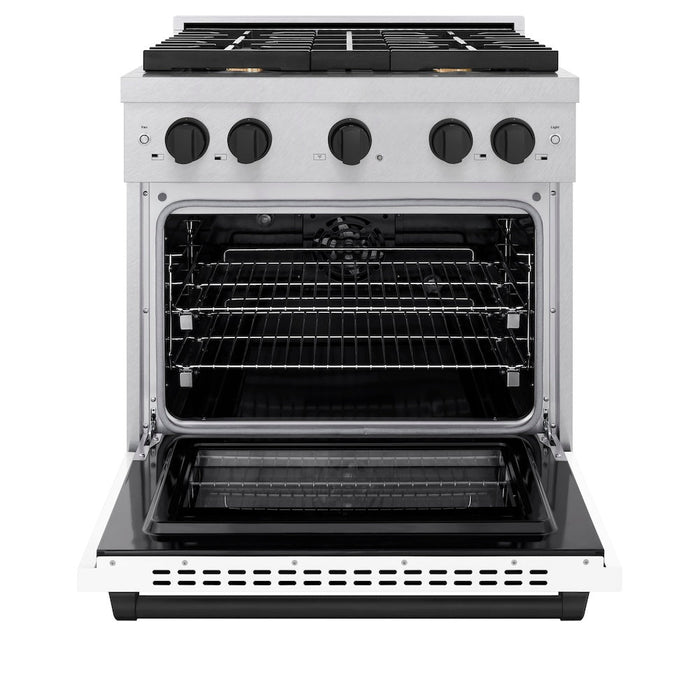ZLINE Autograph Edition 30 in. 4.2 cu. ft. Paramount Dual Fuel Range with 4 Burner Gas Cooktop and Electric Convection Oven in Satin Stainless Steel with White Matte Door and Matte Black Accents (SDRSZ-WM-30-MB)
