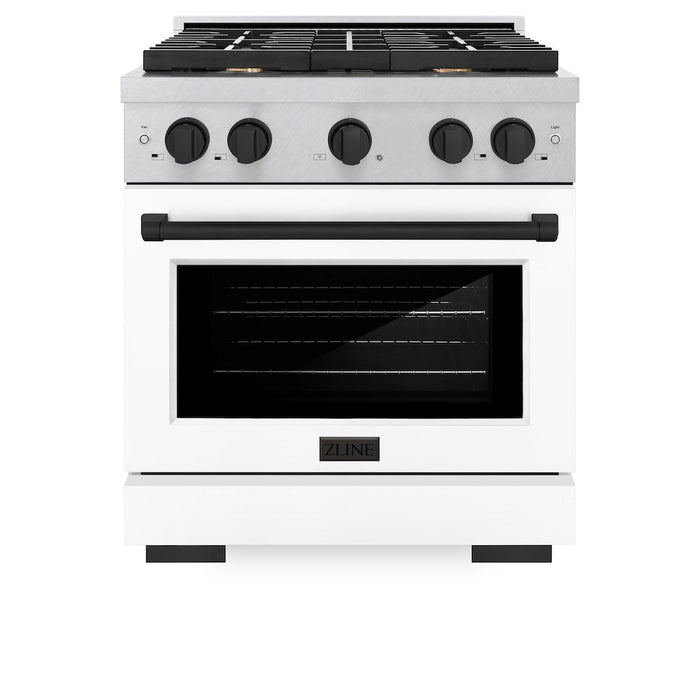 ZLINE Autograph Edition 30 in. 4.2 cu. ft. Paramount Dual Fuel Range with 4 Burner Gas Cooktop and Electric Convection Oven in Satin Stainless Steel with White Matte Door and Matte Black Accents (SDRSZ-WM-30-MB)
