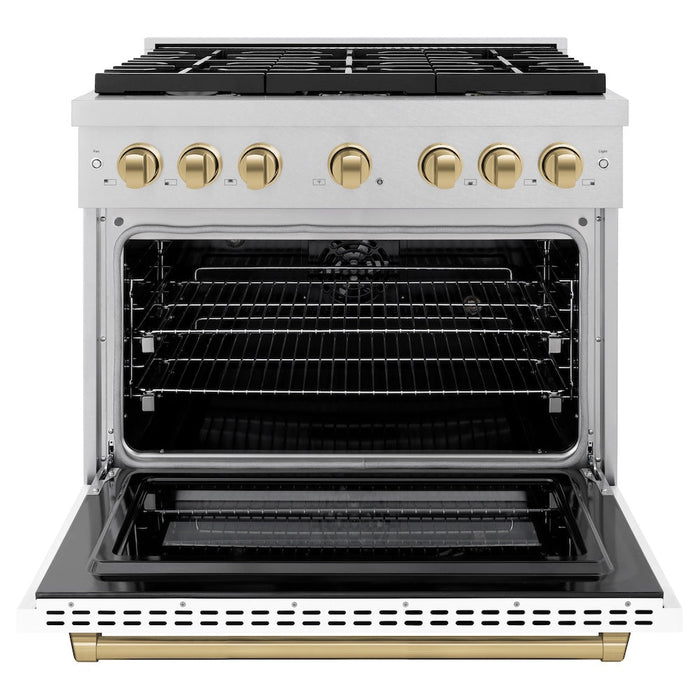 ZLINE Autograph Edition 36 in. 5.2 cu. ft. Paramount Dual Fuel Range with 6 Burner Gas Cooktop and Electric Convection Oven in Satin Stainless Steel with White Matte Door and Champagne Bronze Accents (SDRSZ-WM-36-CB)