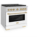 ZLINE Autograph Edition 36 in. 5.2 cu. ft. Paramount Dual Fuel Range with 6 Burner Gas Cooktop and Electric Convection Oven in Satin Stainless Steel with White Matte Door and Polished Gold Accents (SDRSZ-WM-36-G)