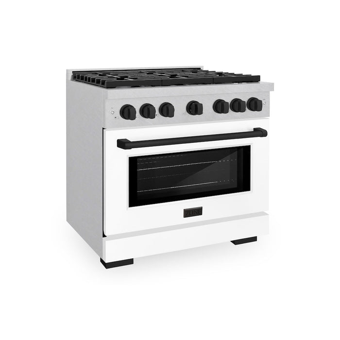 ZLINE Autograph Edition 36 in. 5.2 cu. ft. Paramount Dual Fuel Range with 6 Burner Gas Cooktop and Electric Convection Oven in Satin Stainless Steel with White Matte Door and Matte Black Accents (SDRSZ-WM-36-MB)