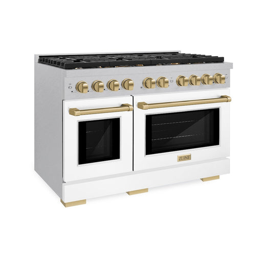 ZLINE Autograph Edition 48 in. 6.7 cu. ft. Paramount Double Oven Dual Fuel Range with 8 Burner Gas Cooktop in Satin Stainless Steel with White Matte Doors and Champagne Bronze Accents (SDRSZ-WM-48-CB)