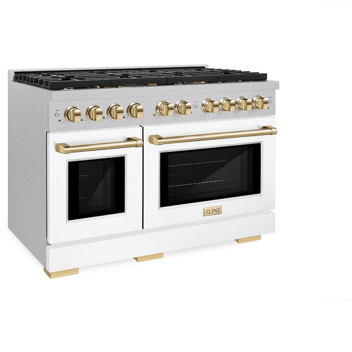 ZLINE Autograph Edition 48 in. 6.7 cu. ft. Paramount Double Oven Dual Fuel Range with 8 Burner Gas Cooktop in Satin Stainless Steel with White Matte Doors and Polished Gold Accents (SDRSZ-WM-48-G)