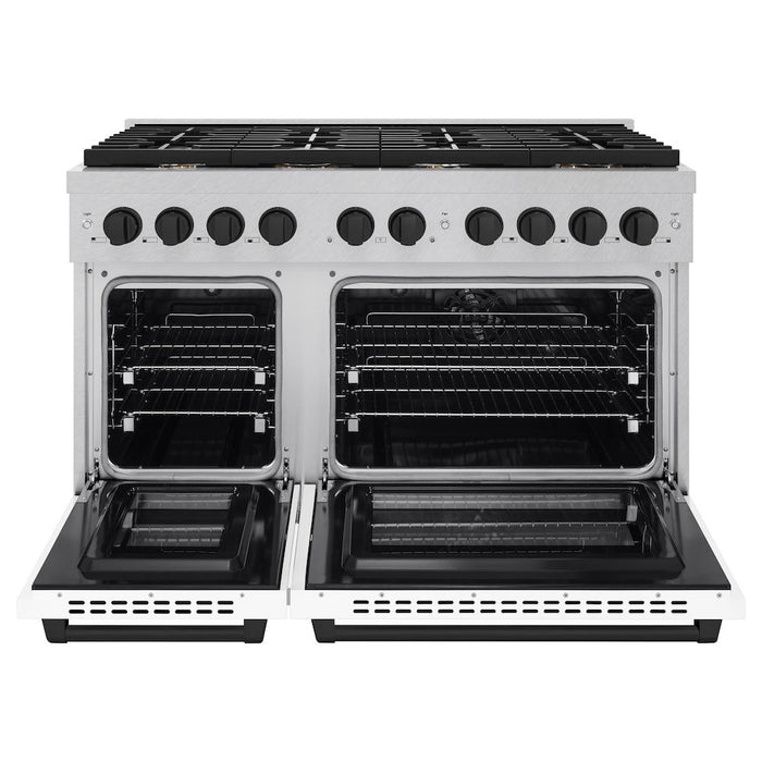 ZLINE Autograph Edition 48 in. 6.7 cu. ft. Paramount Double Oven Dual Fuel Range with 8 Burner Gas Cooktop in Satin Stainless Steel with White Matte Doors and Matte Black Accents (SDRSZ-WM-48-MB)