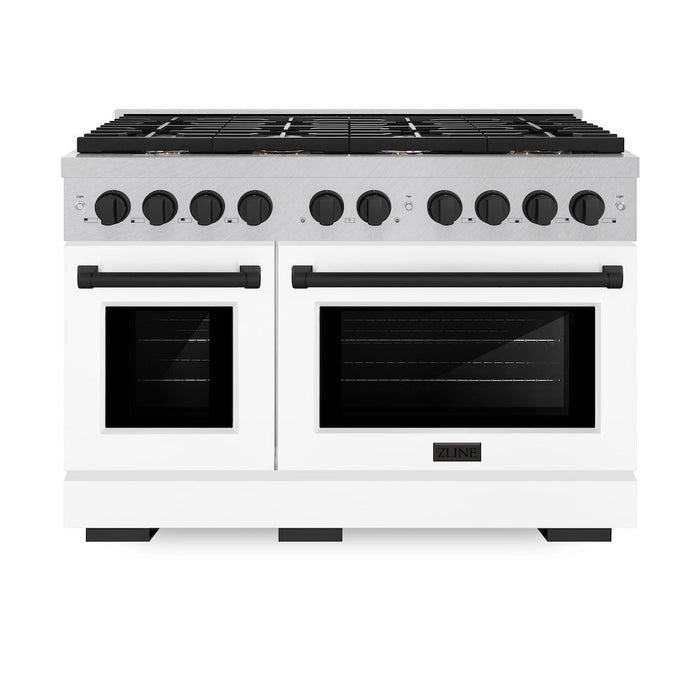 ZLINE Autograph Edition 48 in. 6.7 cu. ft. Paramount Double Oven Dual Fuel Range with 8 Burner Gas Cooktop in Satin Stainless Steel with White Matte Doors and Matte Black Accents (SDRSZ-WM-48-MB)