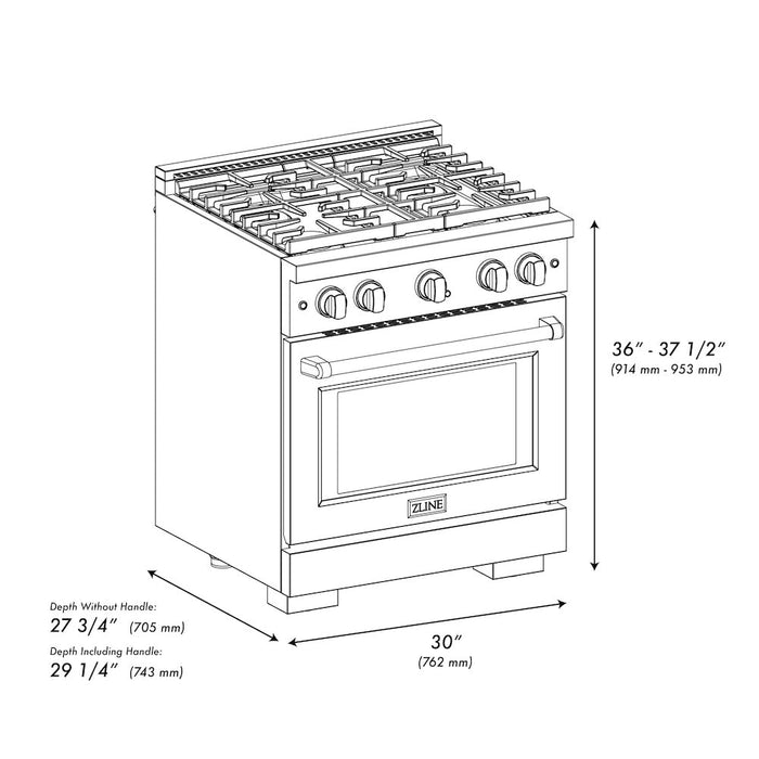 ZLINE Autograph Edition 30 in. 4.2 cu. ft. Paramount Gas Range with 4 Burner Cooktop and Convection Gas Oven in Satin Stainless Steel with White Matte Door and Champagne Bronze Accents (SGRSZ-WM-30-CB)