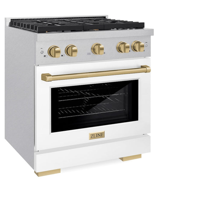 ZLINE Autograph Edition 30 in. 4.2 cu. ft. Paramount Gas Range with 4 Burner Cooktop and Convection Gas Oven in Satin Stainless Steel with White Matte Door and Champagne Bronze Accents (SGRSZ-WM-30-CB)