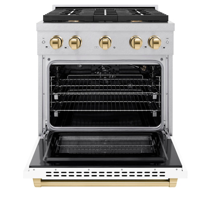ZLINE Autograph Edition 30 in. 4.2 cu. ft. Paramount Gas Range with 4 Burner Cooktop and Convection Gas Oven in Satin Stainless Steel with White Matte Door and Polished Gold Accents (SGRSZ-WM-30-G)