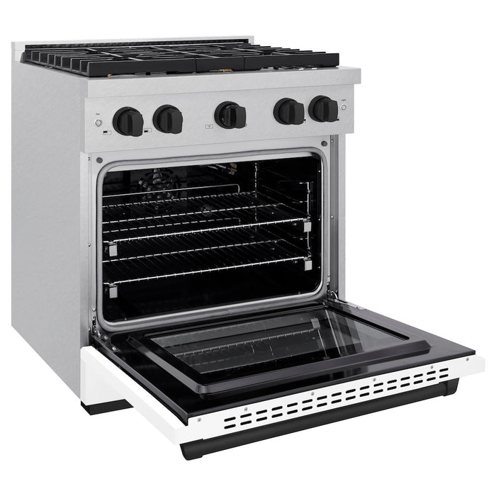 ZLINE Autograph Edition 30 in. 4.2 cu. ft. Paramount Gas Range with 4 Burner Cooktop and Convection Gas Oven in Satin Stainless Steel with White Matte Door and Matte Black Accents (SGRSZ-WM-30-MB)