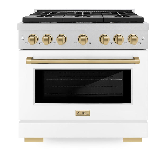 ZLINE Autograph Edition 36 in. 5.2 cu. ft. Paramount Gas Range with 6 Burner Cooktop and Convection Gas Oven in Satin Stainless Steel with White Matte Door and Champagne Bronze Accents (SGRSZ-WM-36-CB)