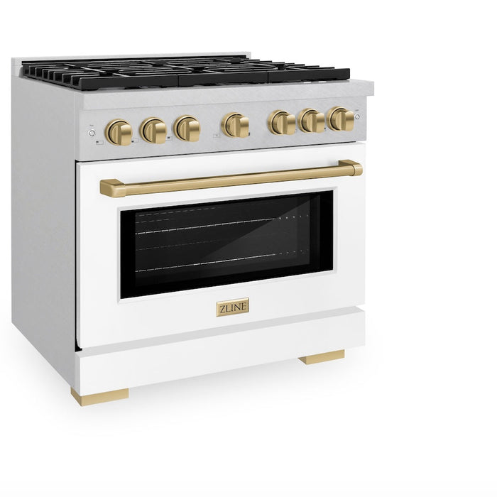 ZLINE Autograph Edition 36 in. 5.2 cu. ft. Paramount Gas Range with 6 Burner Cooktop and Convection Gas Oven in Satin Stainless Steel with White Matte Door and Champagne Bronze Accents (SGRSZ-WM-36-CB)