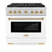 ZLINE Autograph Edition 36 in. 5.2 cu. ft. Paramount Gas Range with 6 Burner Cooktop and Convection Gas Oven in Satin Stainless Steel with White Matte Door and Polished Gold Accents (SGRSZ-WM-36-G)