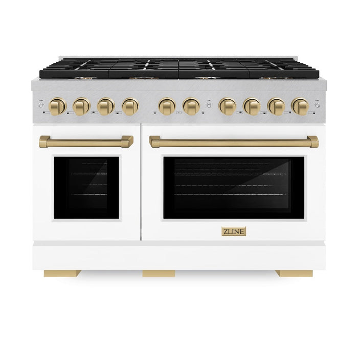 ZLINE Autograph Edition 48 in. 6.7 cu. ft. Paramount Double Oven Gas Range with 8 Burner Cooktop in Satin Stainless Steel with White Matte Doors and Champagne Bronze Accents (SGRSZ-WM-48-CB)