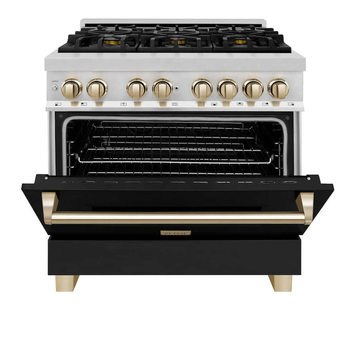 ZLINE Autograph Edition 36 in. 4.6 cu. ft. Legacy Dual Fuel Range with 6 Burner Gas Cooktop and Electric Convection Oven in Stainless Steel with Black Matte Door and Polished Gold Accents (RAZ-BLM-36-G)